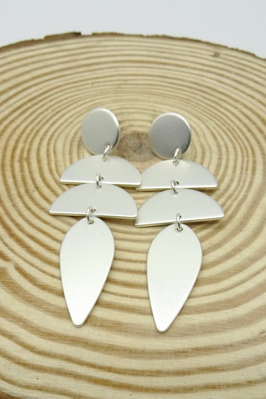 Matte Geometric Design Drop Earrings-Silver