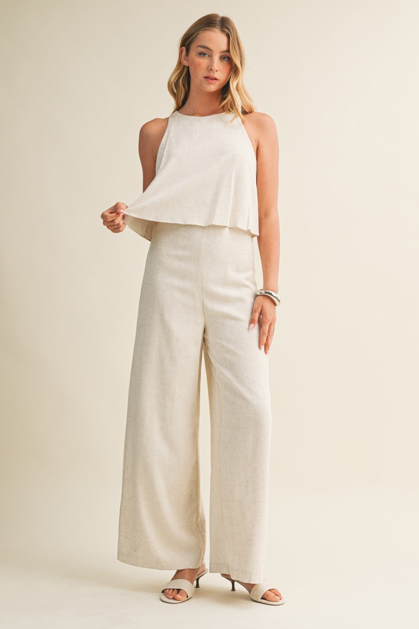 Adley Sleeveless Overlay Top Jumpsuit-Cream Linen