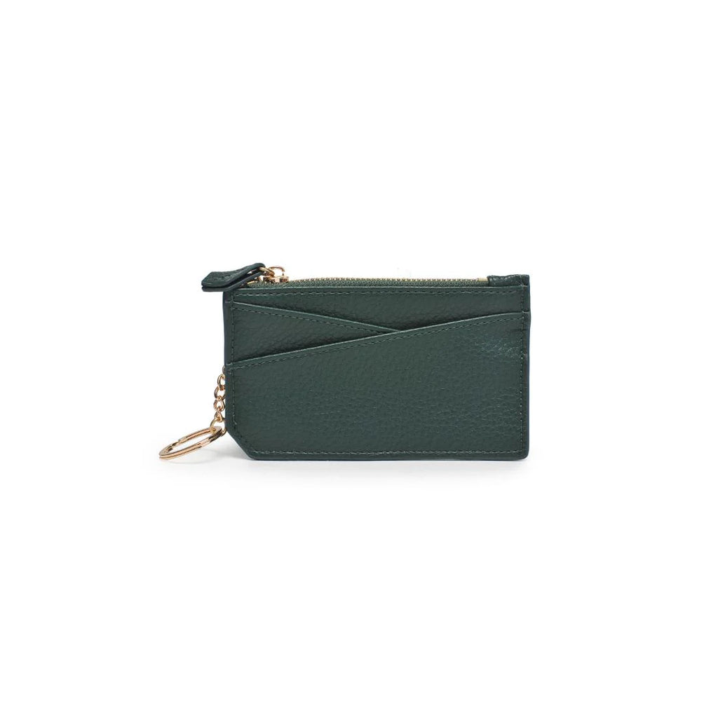 Emerald green card holder detailing side slots on white background