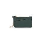 Emerald green card holder detailing side slots on white background