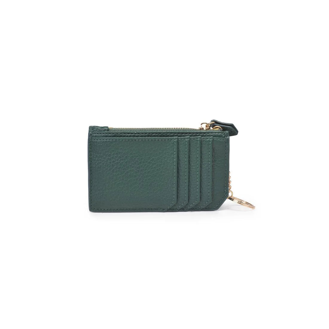 Emerald green card holder detailing side slots on white background