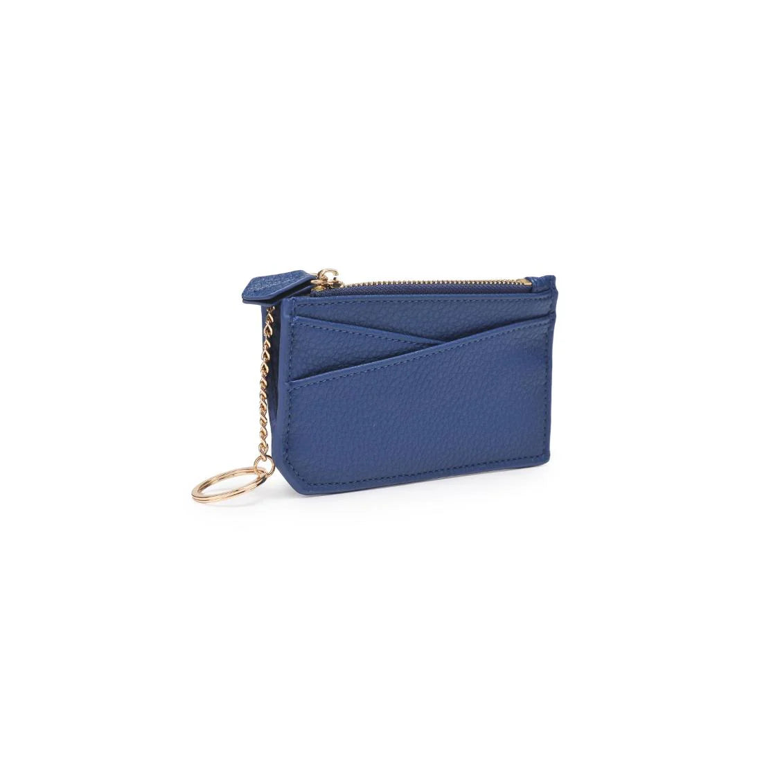 Navy card holder with a gold key chain on a white background