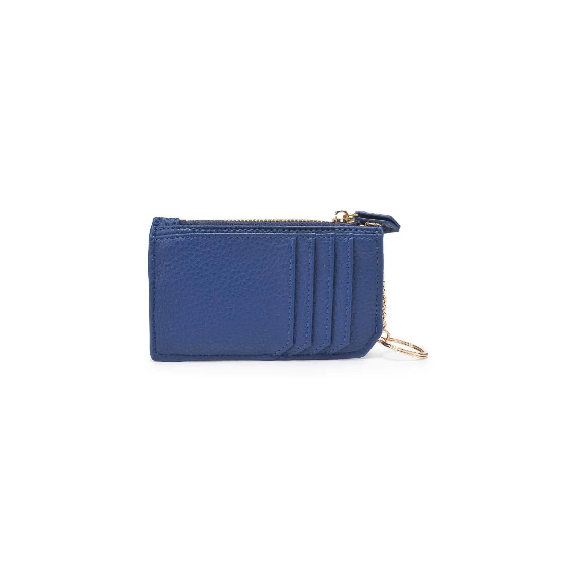 Navy card holder with a gold key chain on a white background