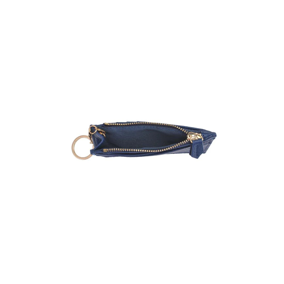 Open navy card holder with a gold key chain on a white background