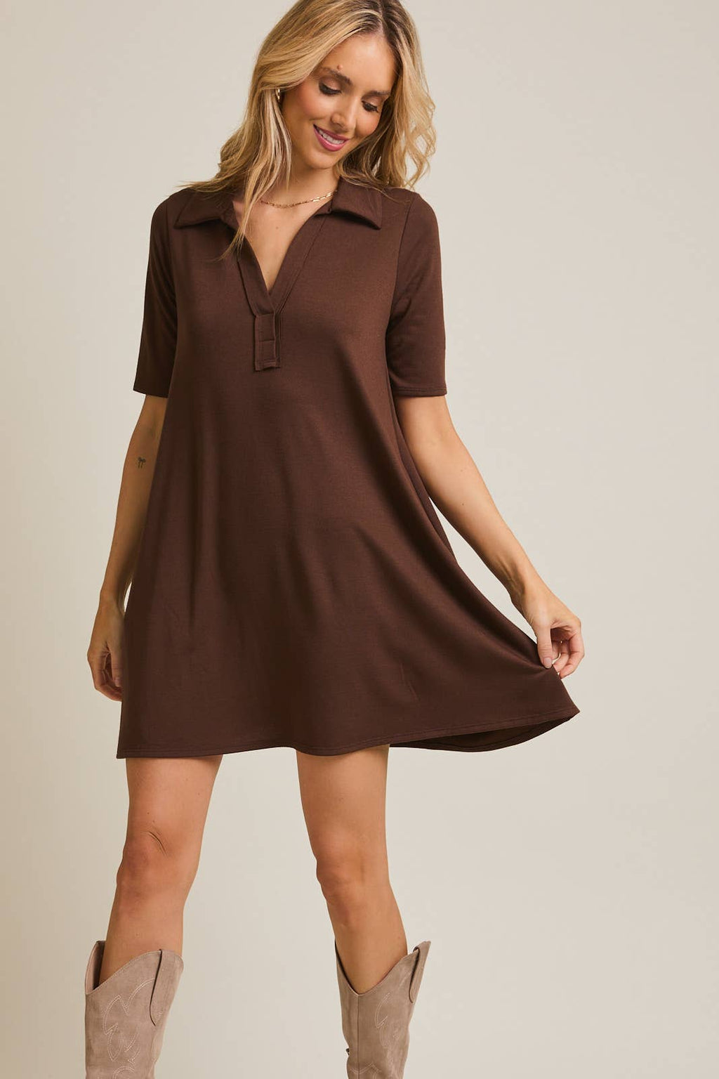 Polo Style Shortsleeve Dress-Brown