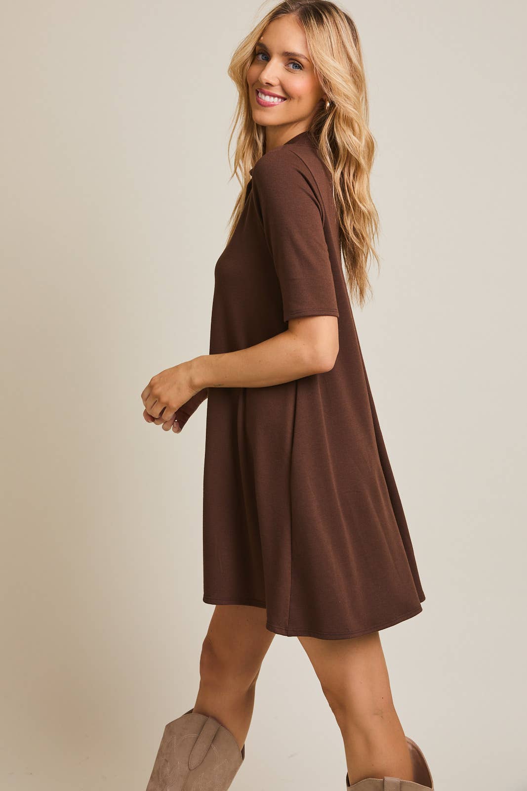 brown short sleeve dress Polo Style Shortsleeve Dress-Brown