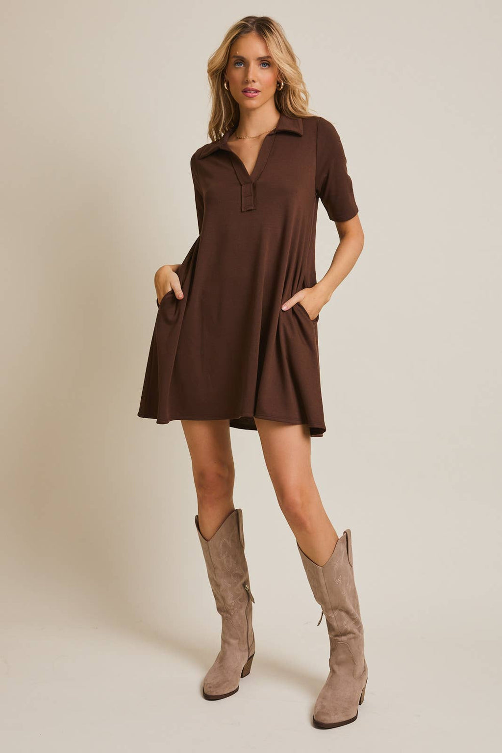 Polo Style Shortsleeve Dress-Brown