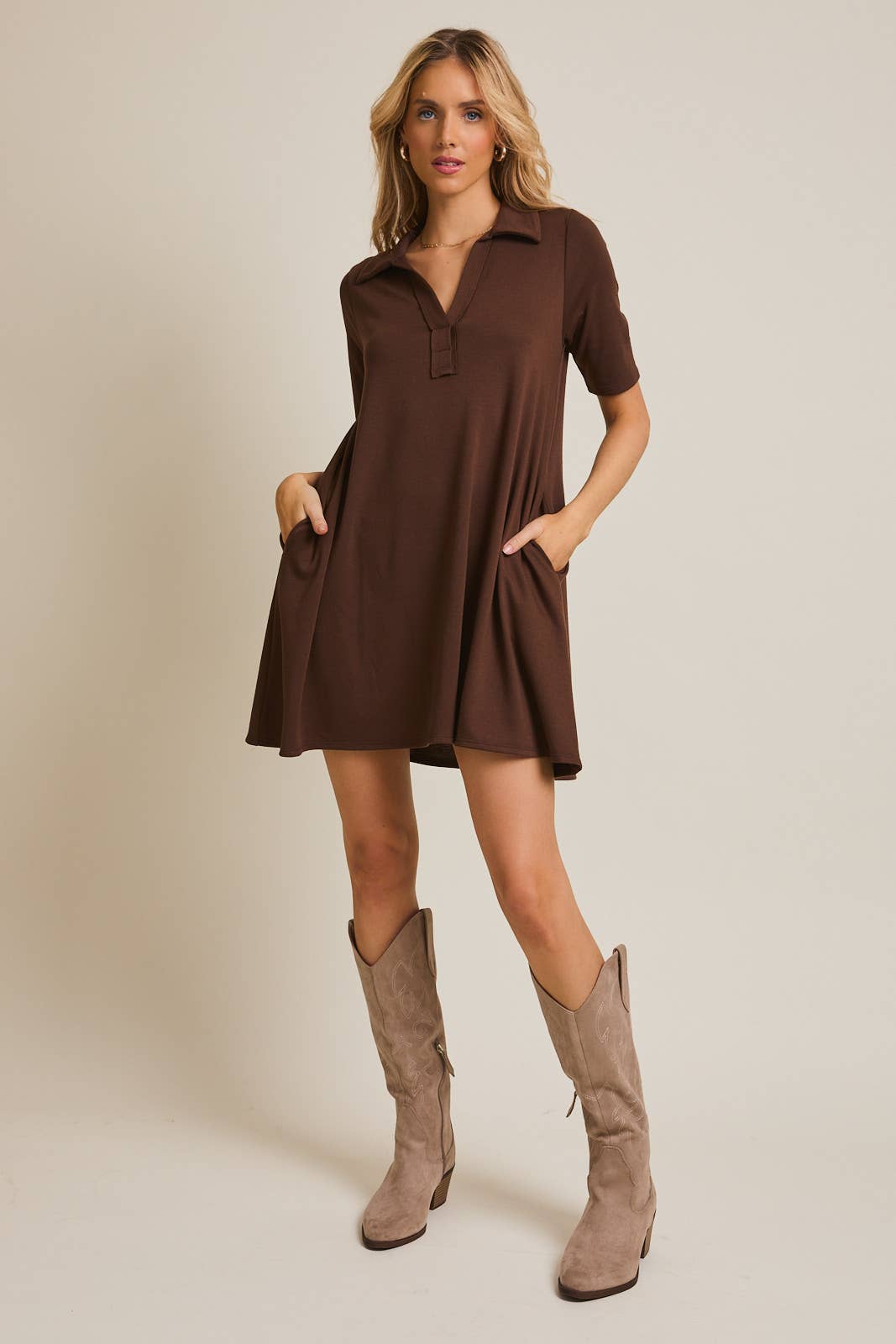 Polo Style Shortsleeve Dress-Brown