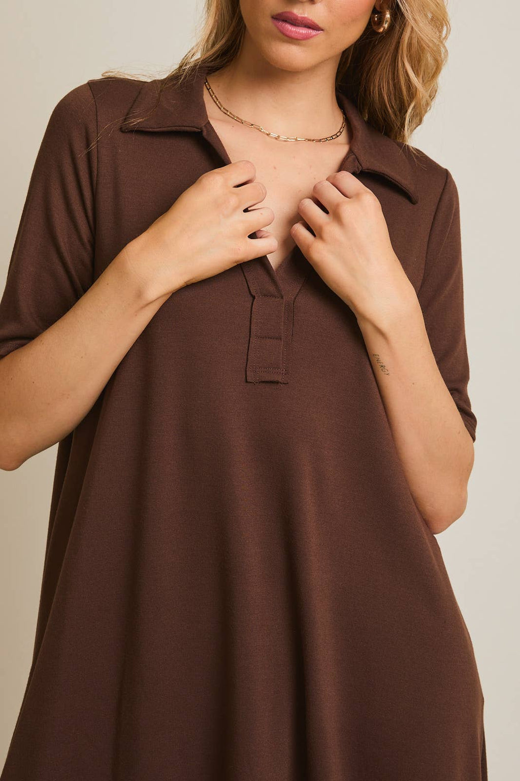 Polo Style Shortsleeve Dress-Brown