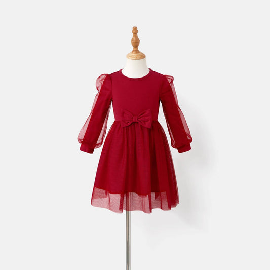 Long Sleeve Knit Tulle Dress-Red Burgundy