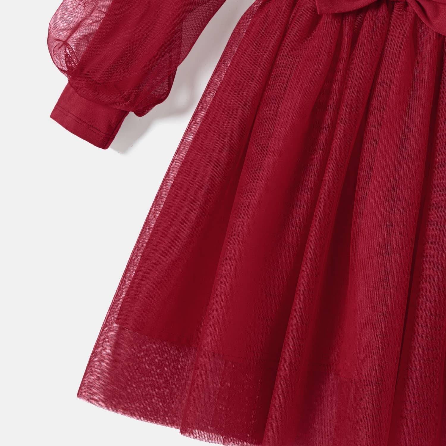 Long Sleeve Knit Tulle Dress-Red Burgundy