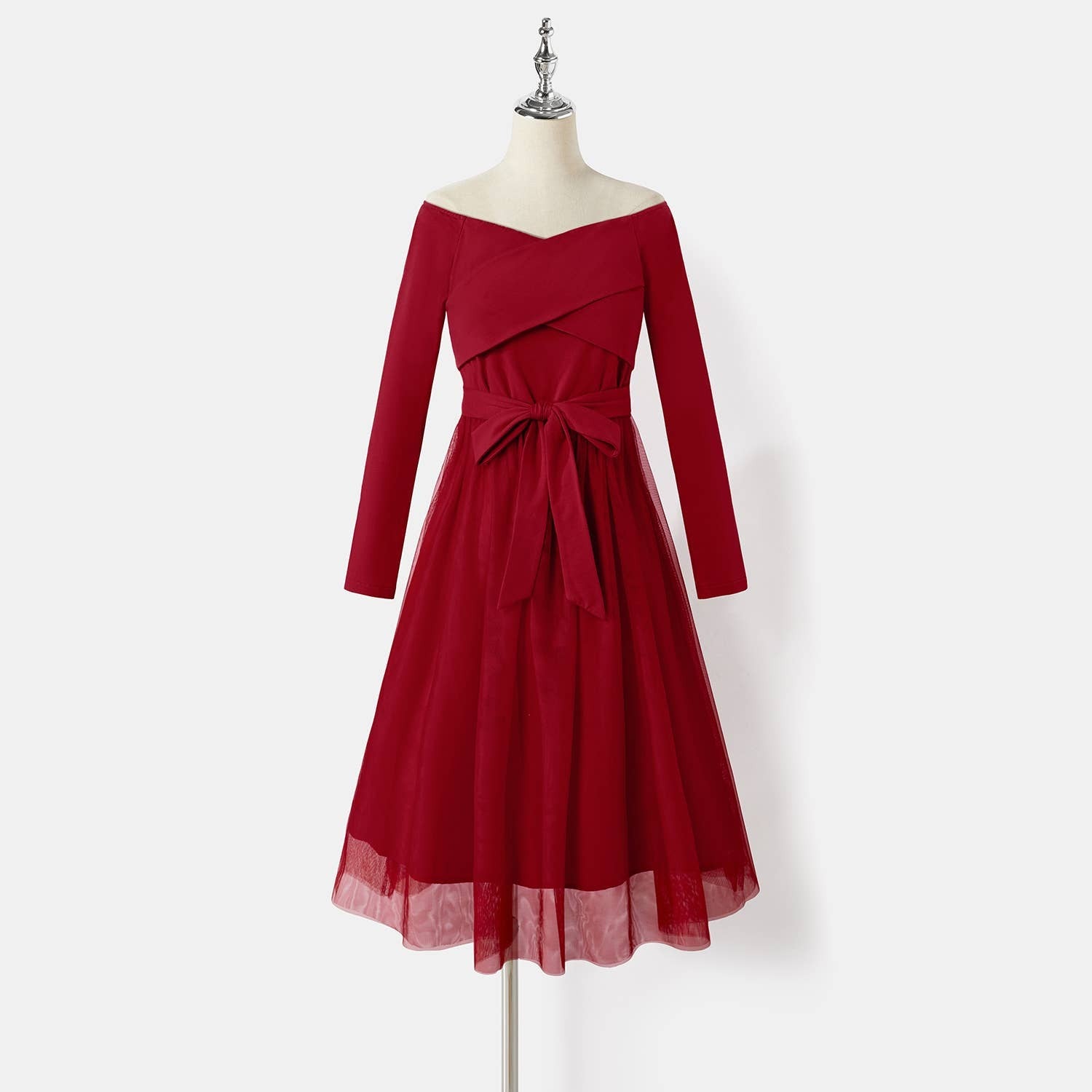 Long Sleeve Knit Tulle Dress-Red Burgundy