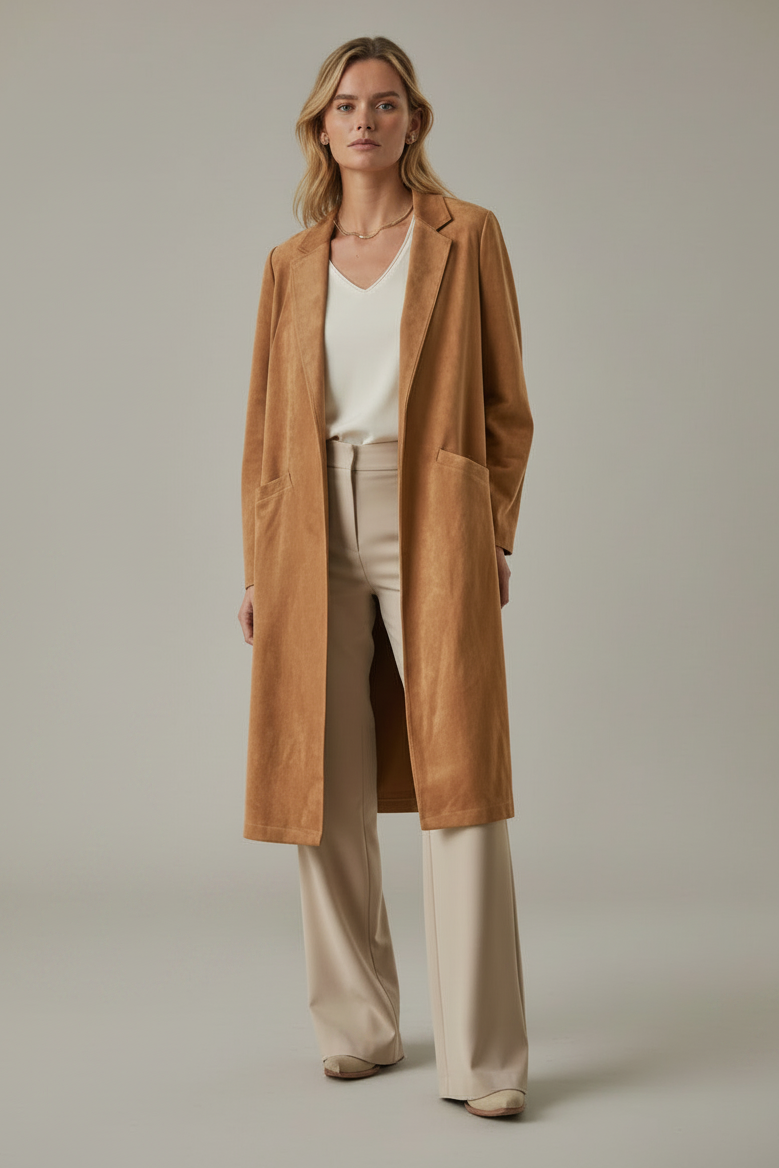 A woman wearing a long camel faux suede coat over a white top and tan pants against cream background