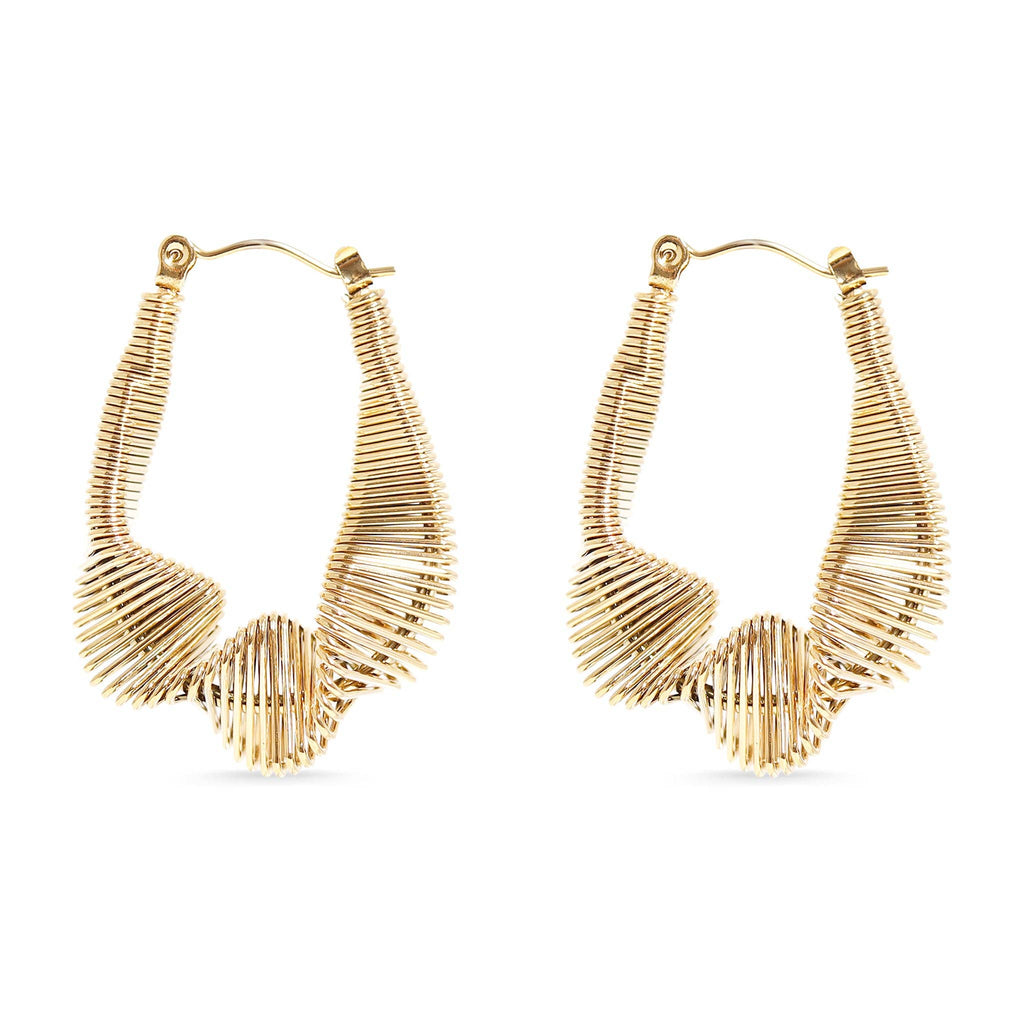 Gold wired twisted hoop earrings on a white background
