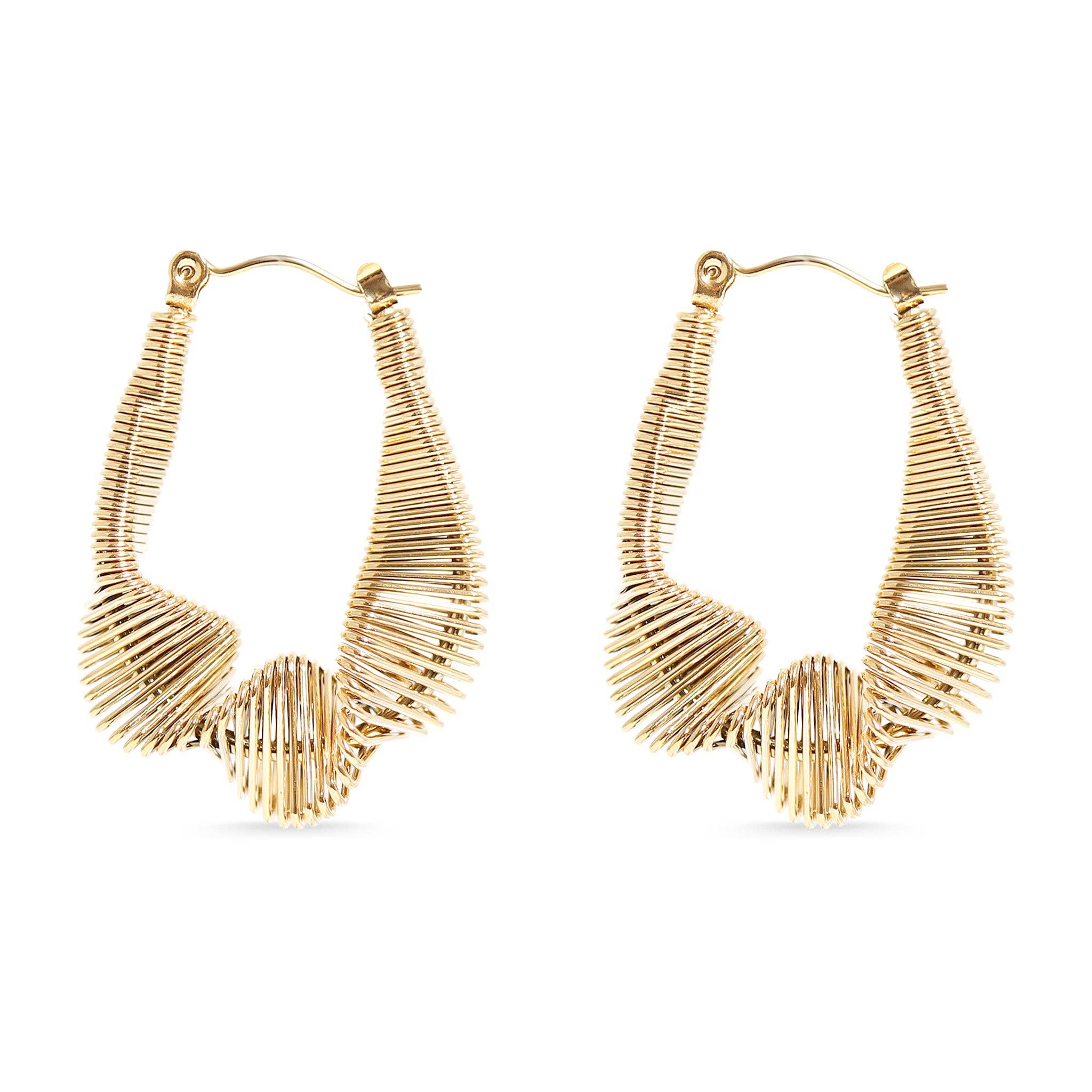 Gold wired twisted hoop earrings on a white background