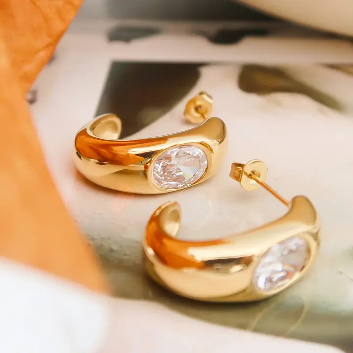 18K Non-Tarnish Classic Hoop with CZ Stone-Gold