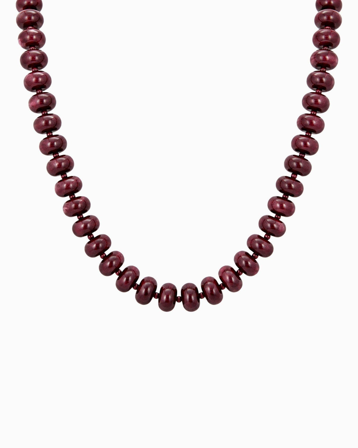 A beaded necklace featuring alternating marble burgundy beads with seed beads, displayed against a clean white background.