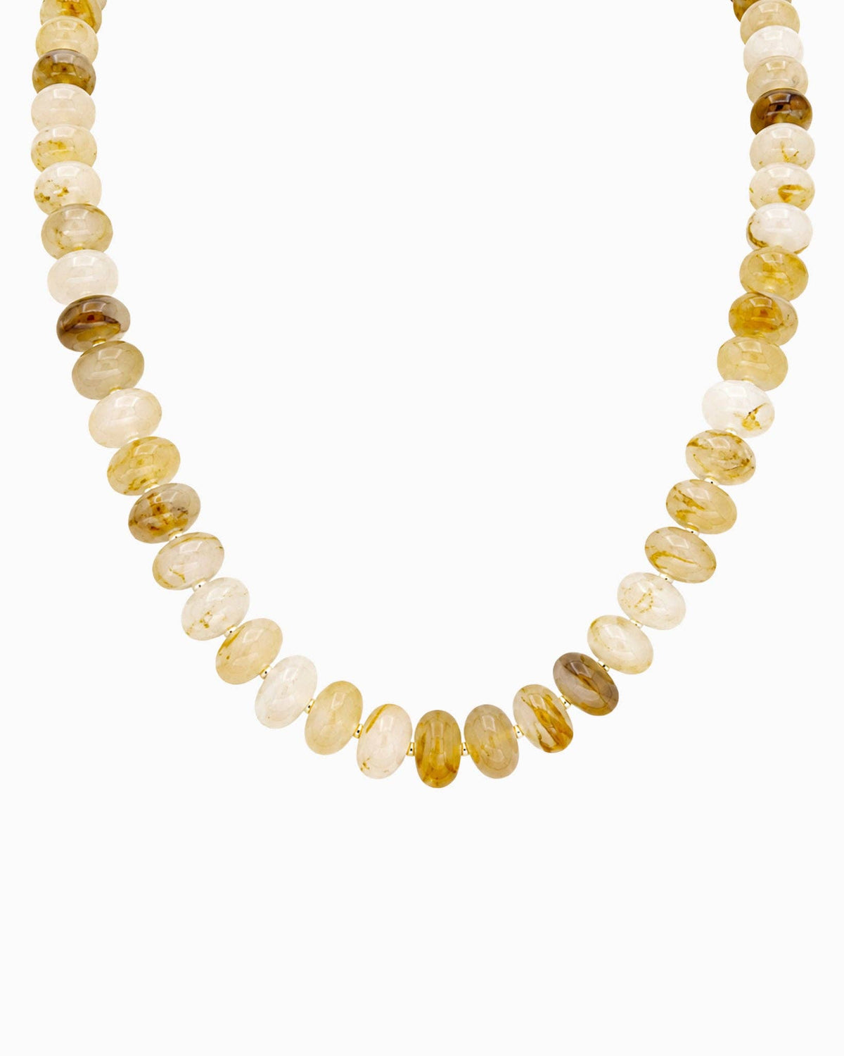 A beaded necklace featuring alternating marble light brown beads with seed beads, displayed against a clean white background.