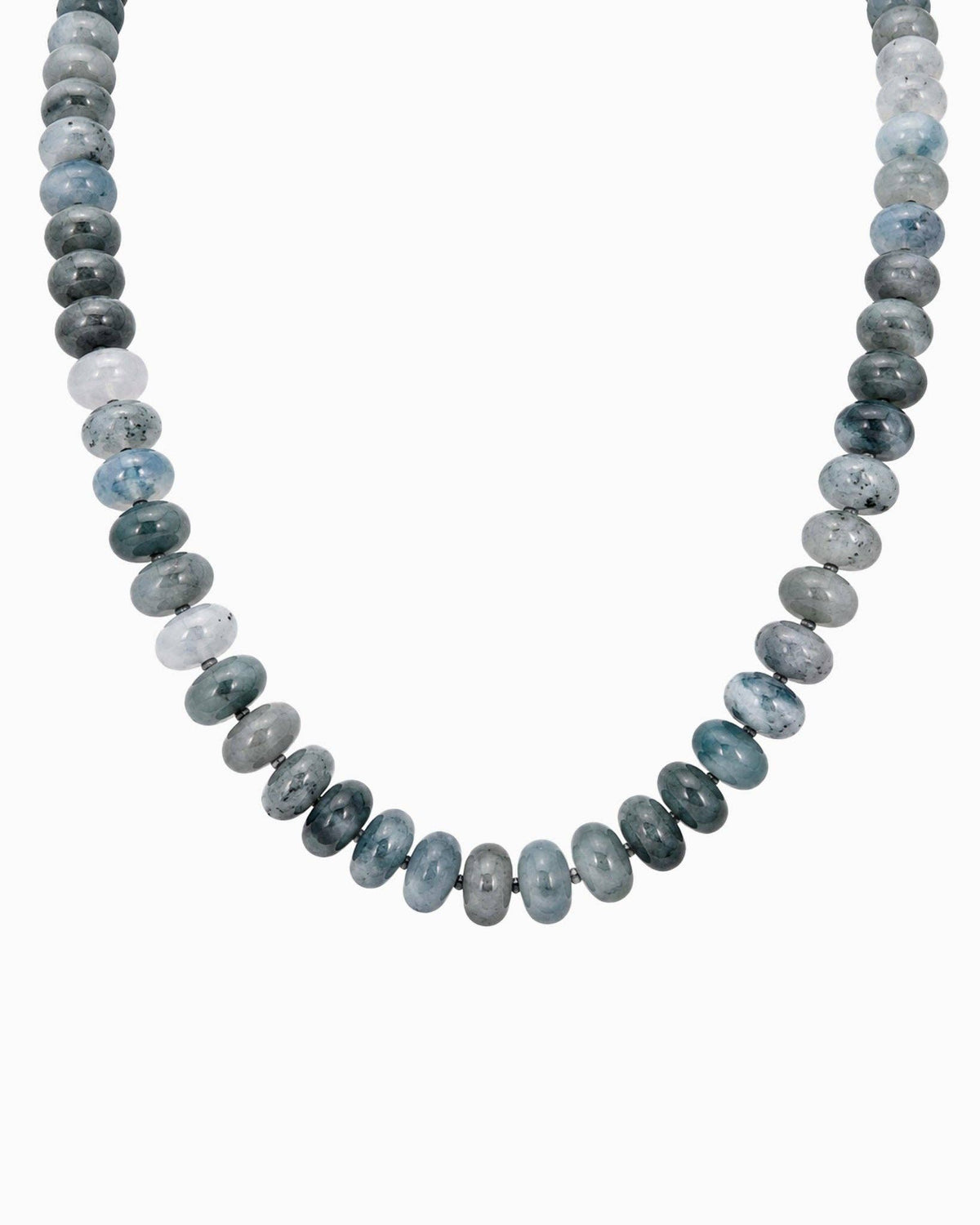 A beaded necklace featuring alternating marble light grey beads with seed beads, displayed against a clean white background.
