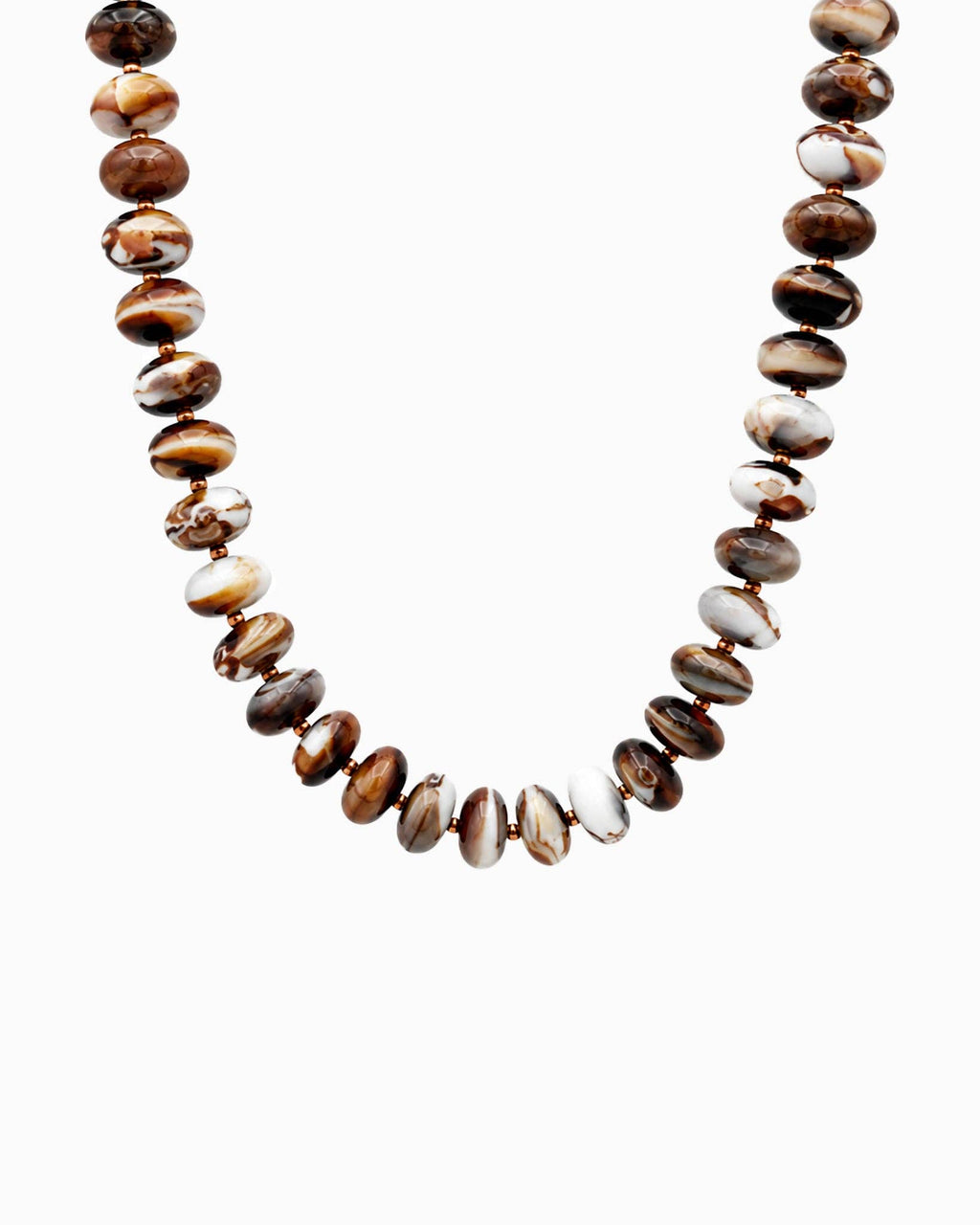A beaded necklace featuring alternating marble brown multi beads with seed beads, displayed against a clean white background.