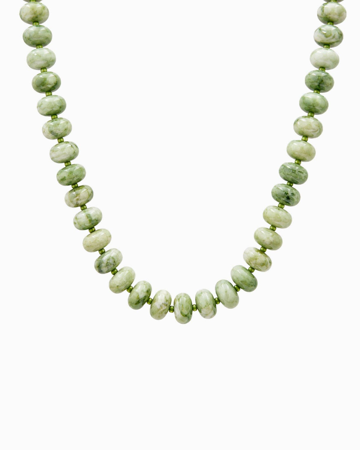 A beaded necklace featuring alternating marble olive beads with seed beads, displayed against a clean white background.