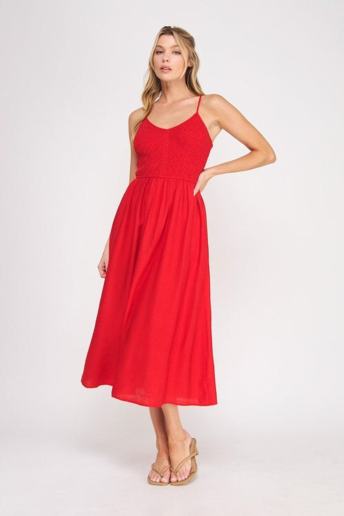 Spaghetti Strap Smocked Midi Dress-Red Flowy | Women's Dresses