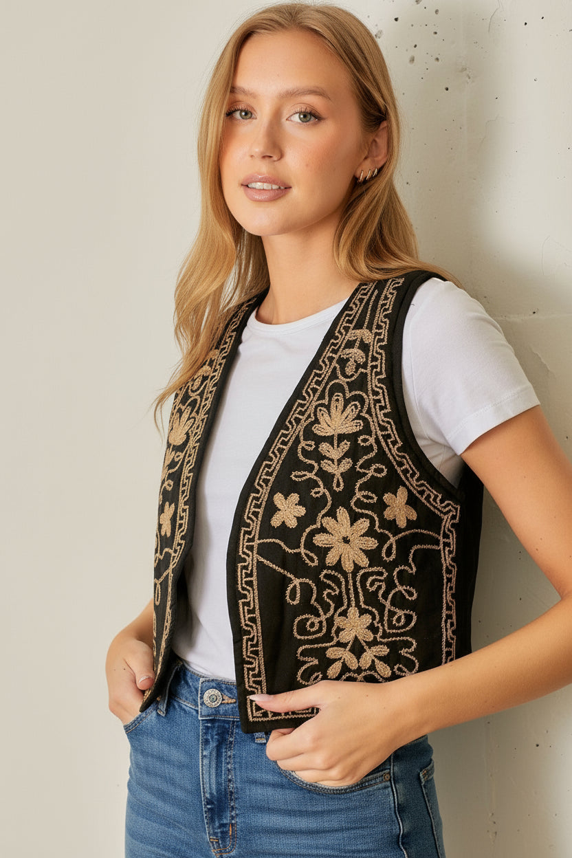 Embroidered Vest-Black Tan