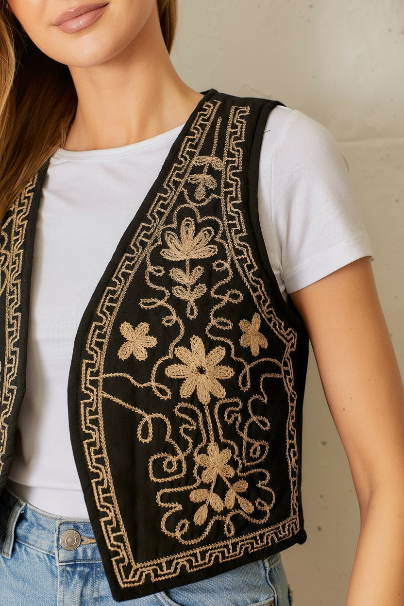 Embroidered Vest-Black Tan