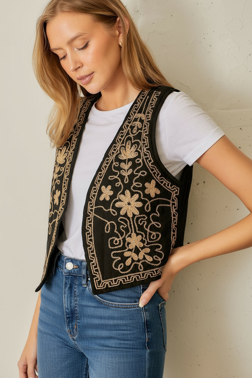 Embroidered Vest-Black Tan