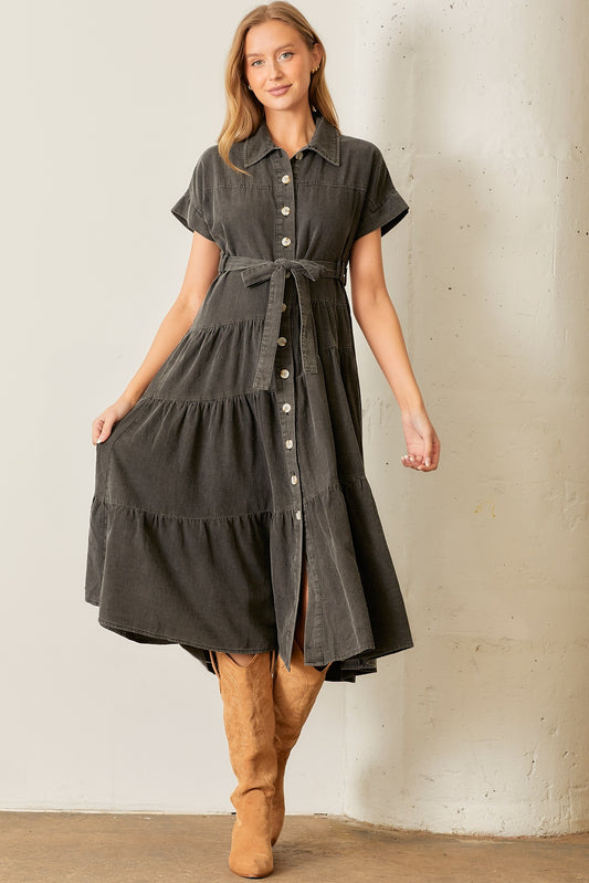 Tiered Midi Dress-Washed Charcoal