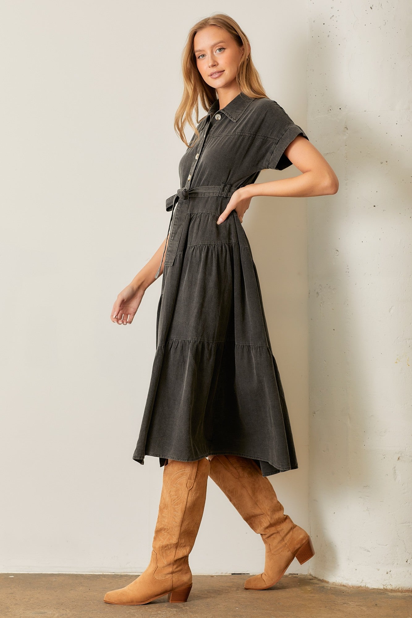 Tiered Midi Dress-Washed Charcoal