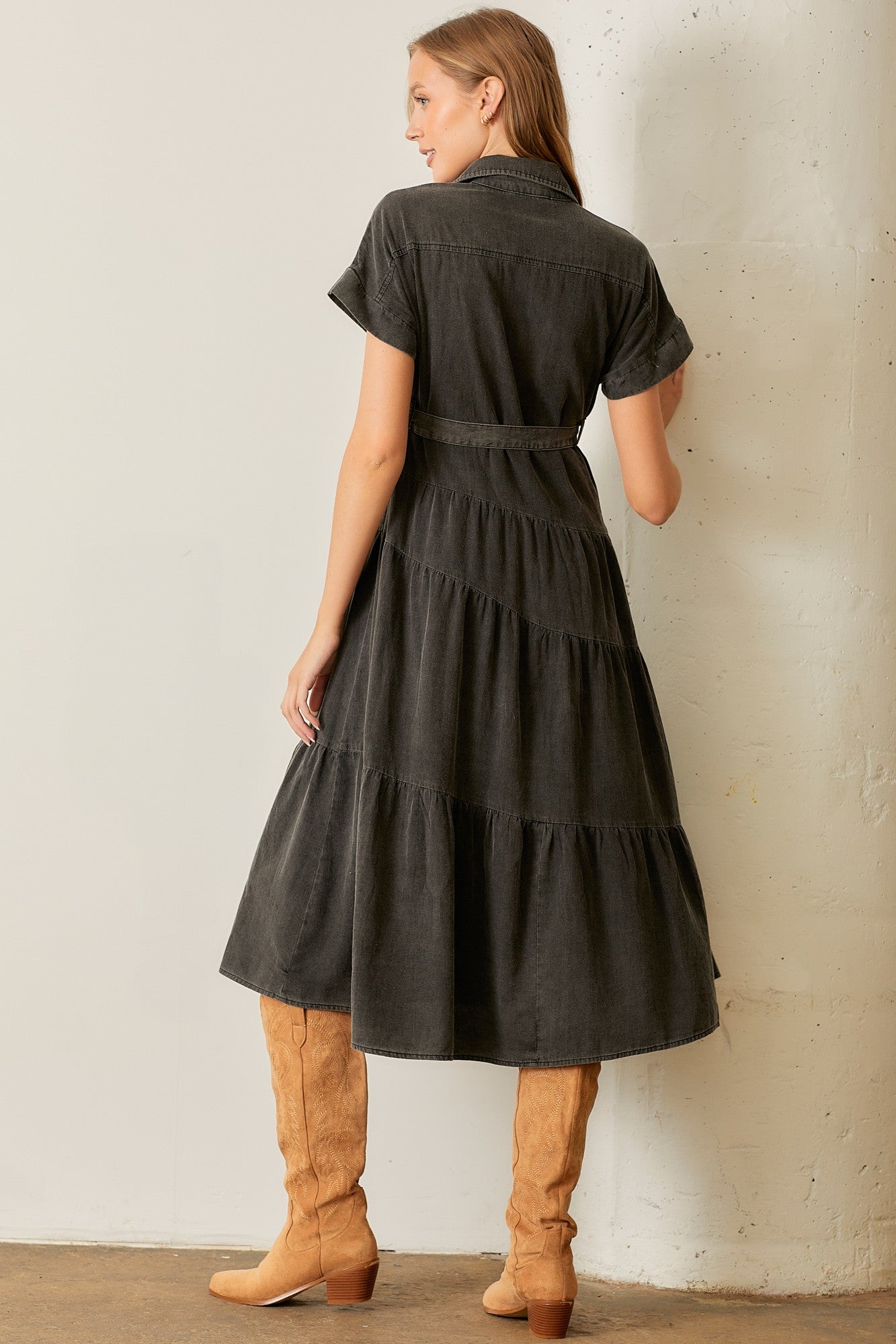 Tiered Midi Dress-Washed Charcoal