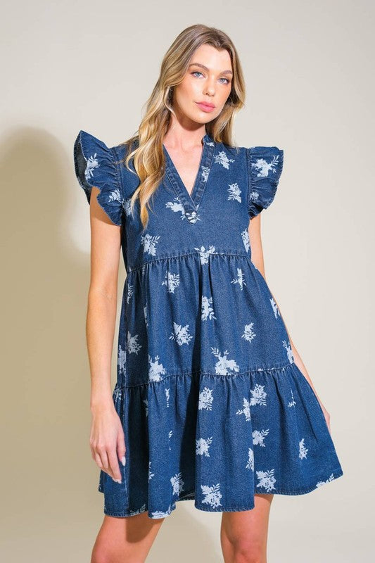 Tiered Printed Denim Dress-Blue White