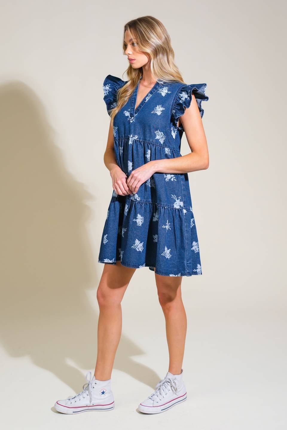 Tiered Printed Denim Dress-Blue White