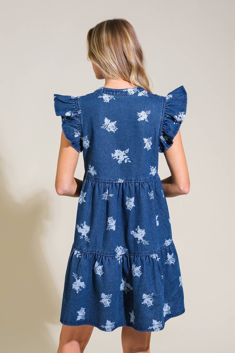 Tiered Printed Denim Dress-Blue White