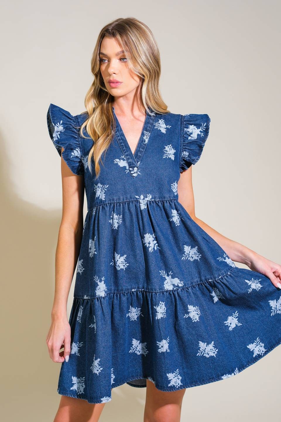 Tiered Printed Denim Dress-Blue White