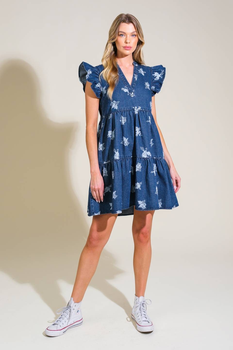 Tiered Printed Denim Dress-Blue White