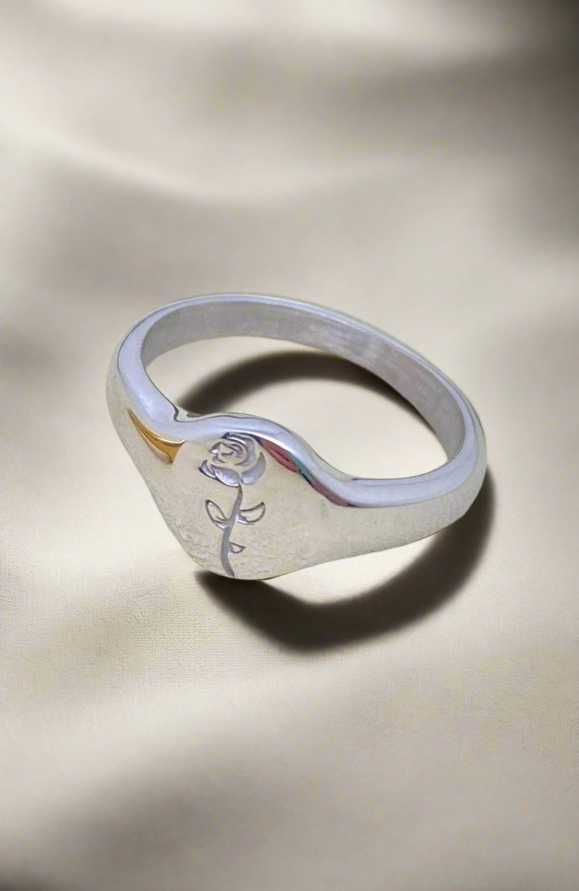 Non-Tarnish Rose Engraved Ring-18k Silver Plated Stainless Steel