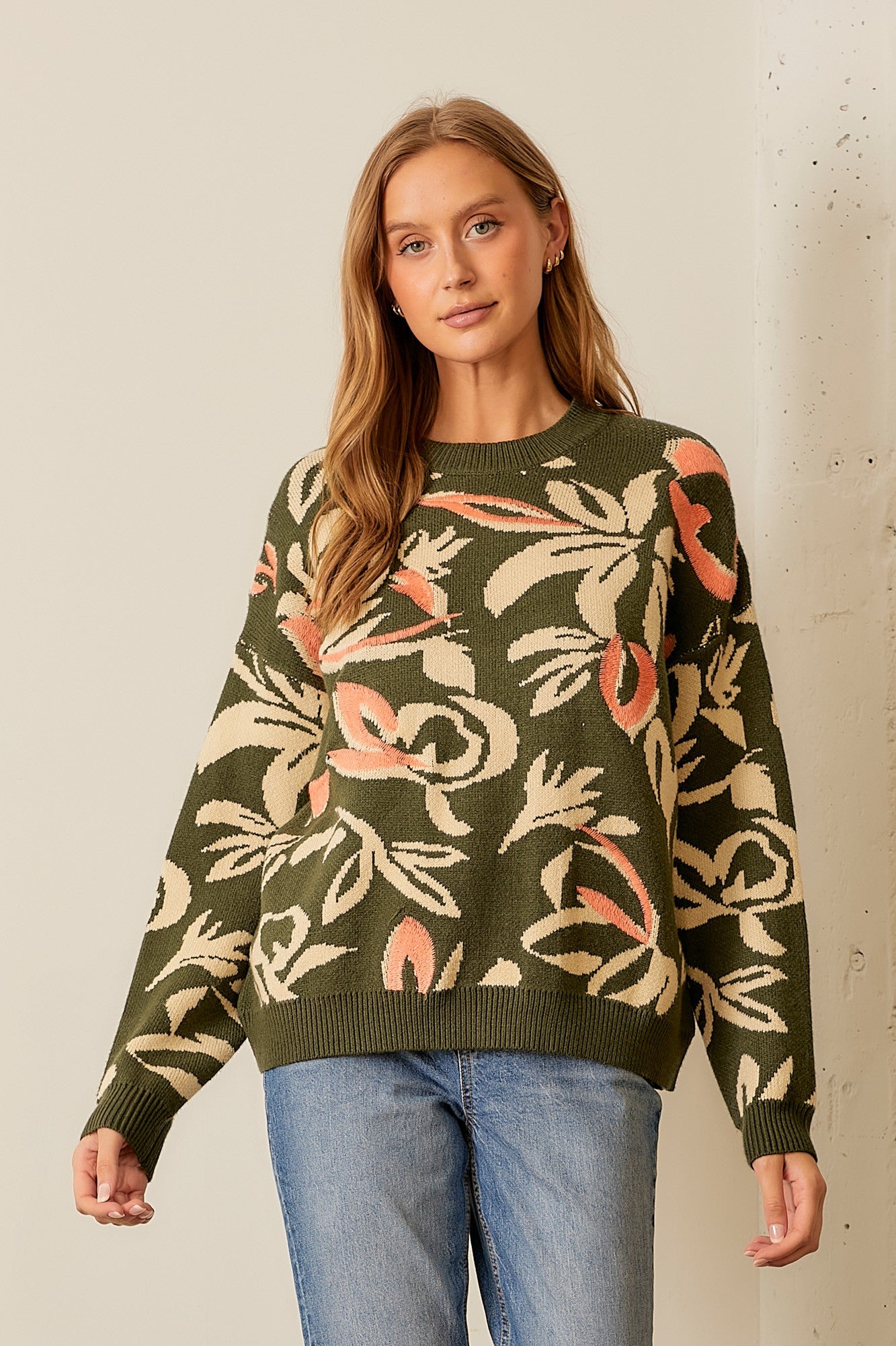 Floral Print Long Sleeve Sweater-Olive