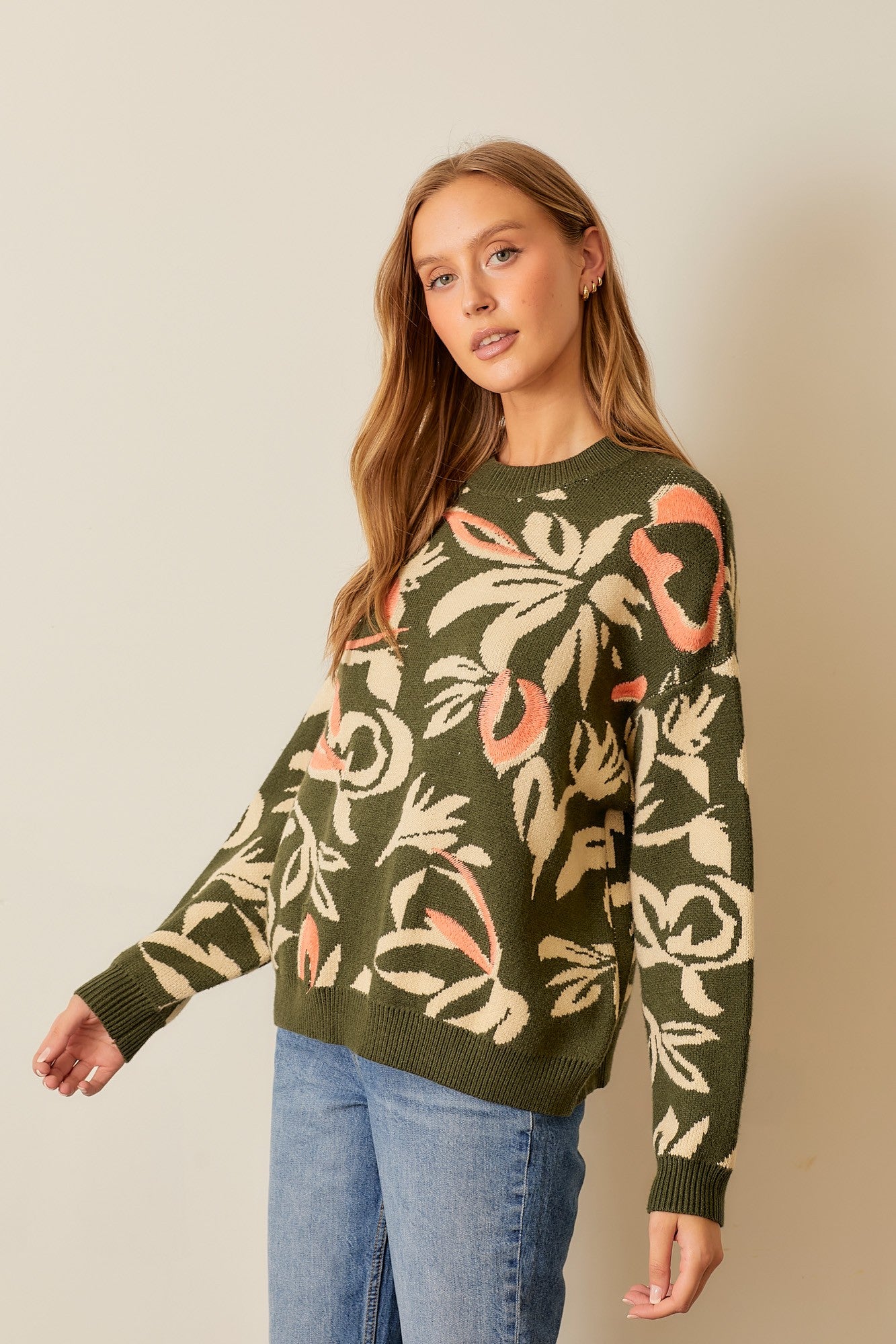 Floral Print Long Sleeve Sweater-Olive