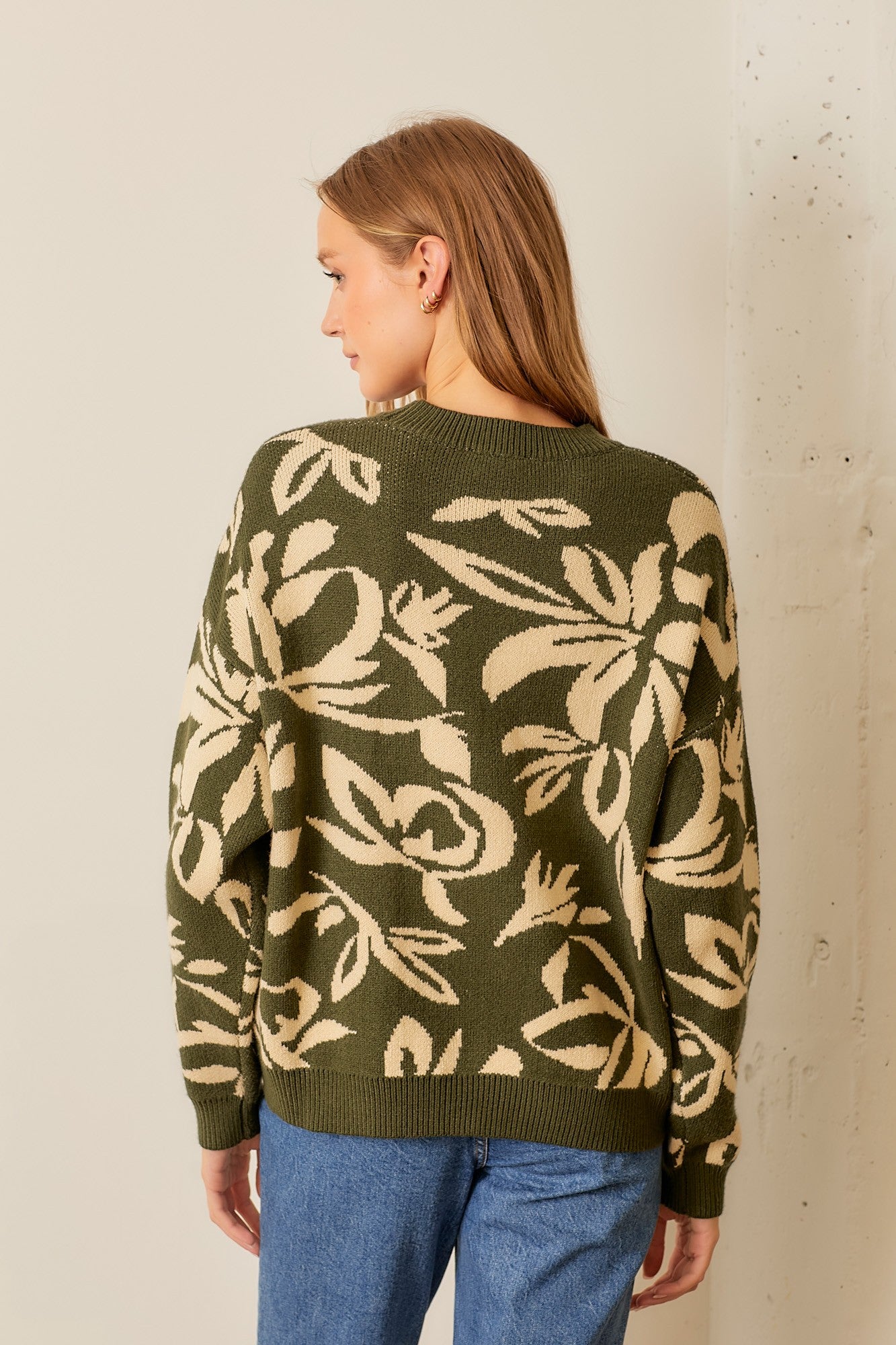 Floral Print Long Sleeve Sweater-Olive