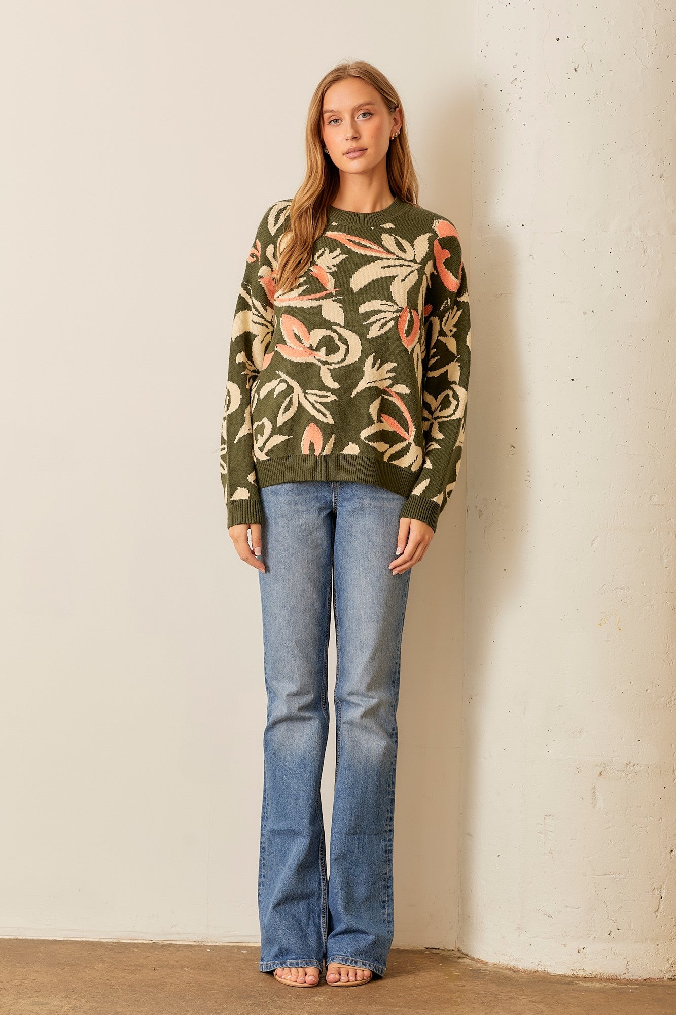 Floral Print Long Sleeve Sweater-Olive