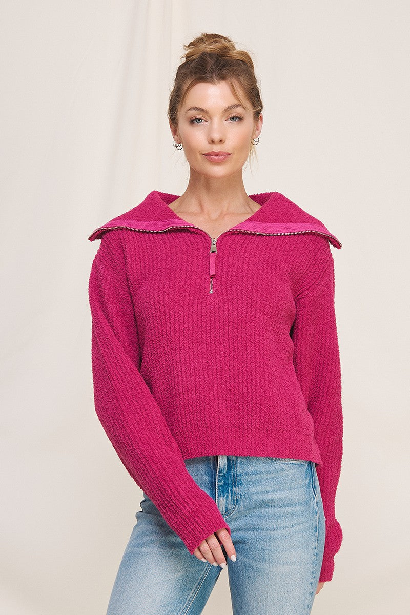 Soft Plush Half Zip Pullover Sweater-Magenta