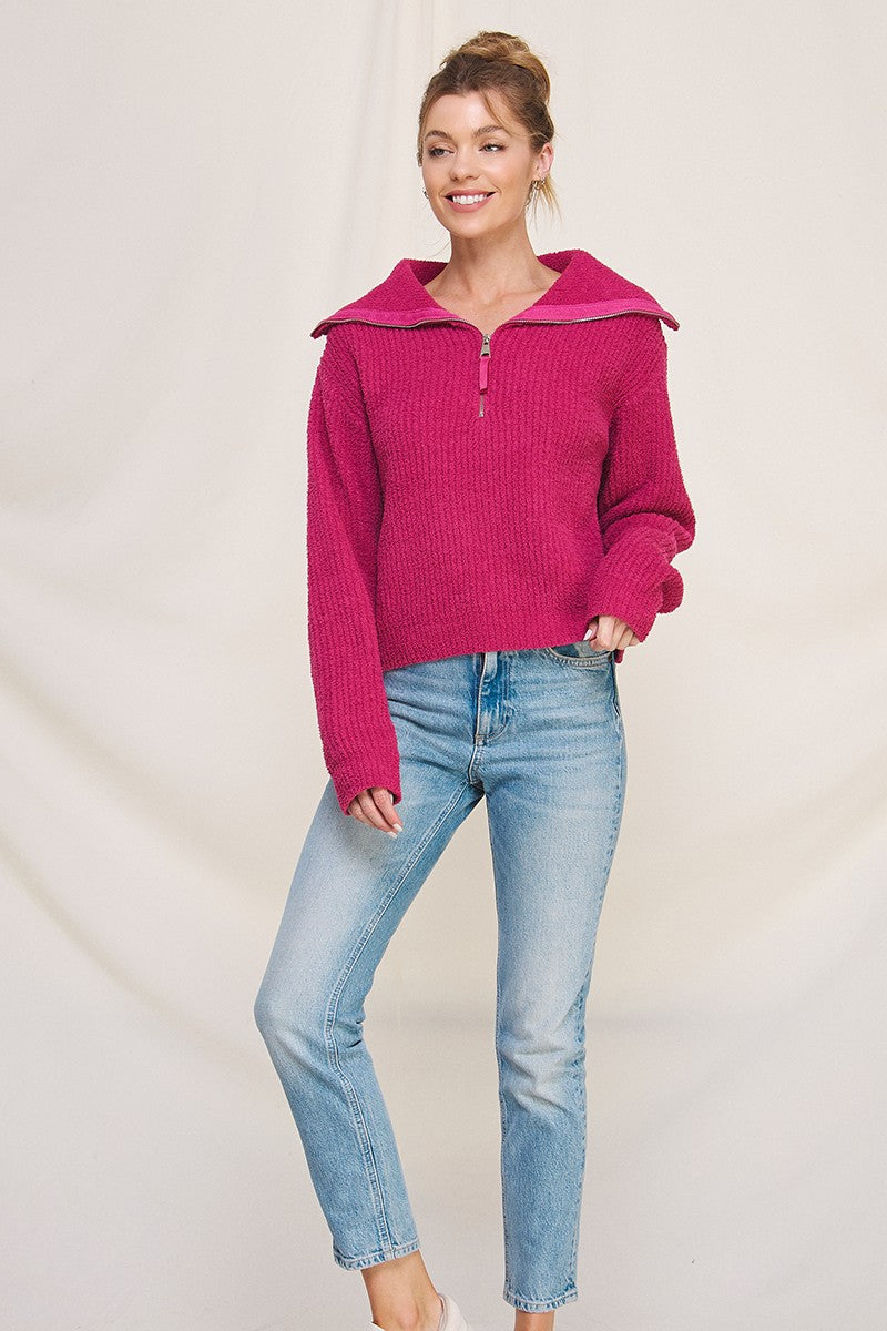 Soft Plush Half Zip Pullover Sweater-Magenta