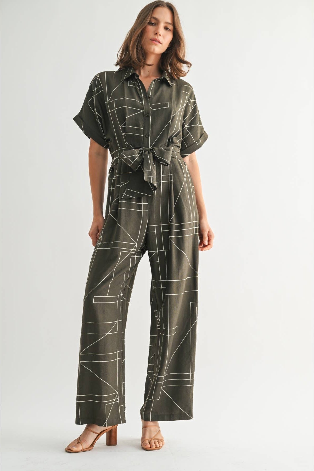Women's geometric print olive jumpsuit with attached tie sash