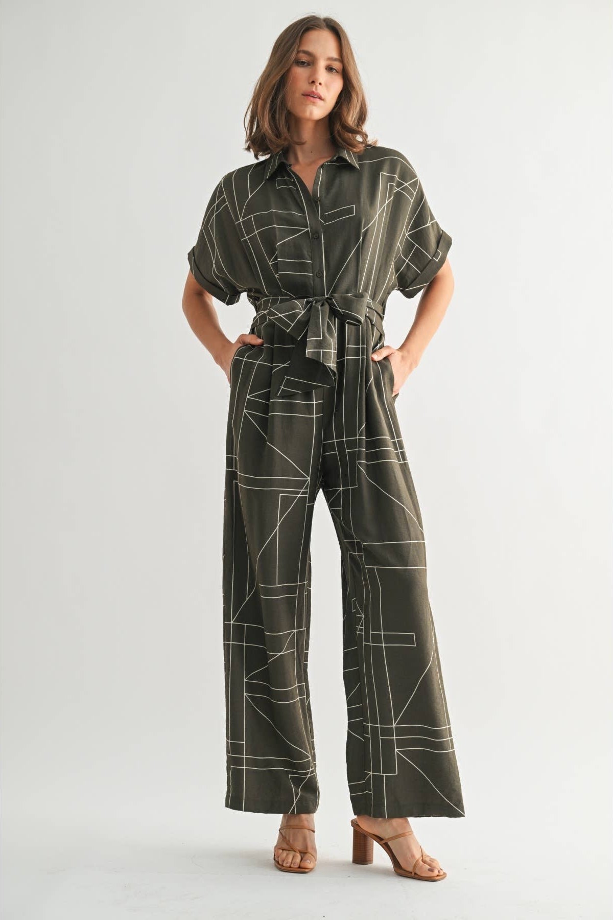 Women's geometric print olive jumpsuit with attached tie sash