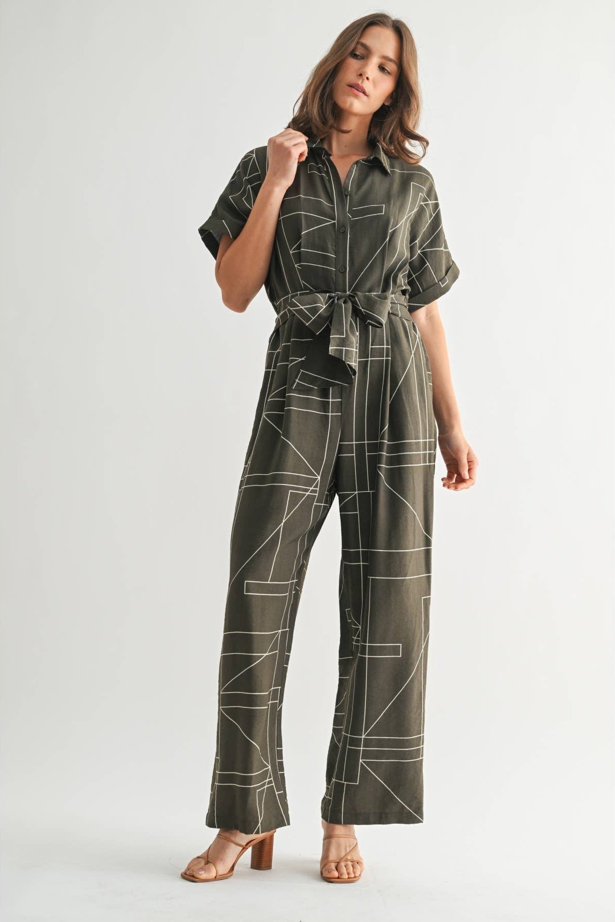 Women's geometric print olive jumpsuit with attached tie sash