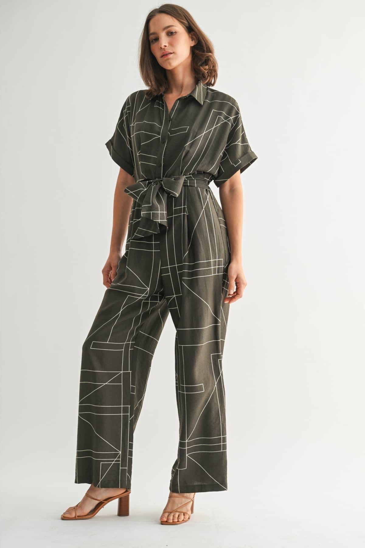 Women's geometric print olive jumpsuit with attached tie sash