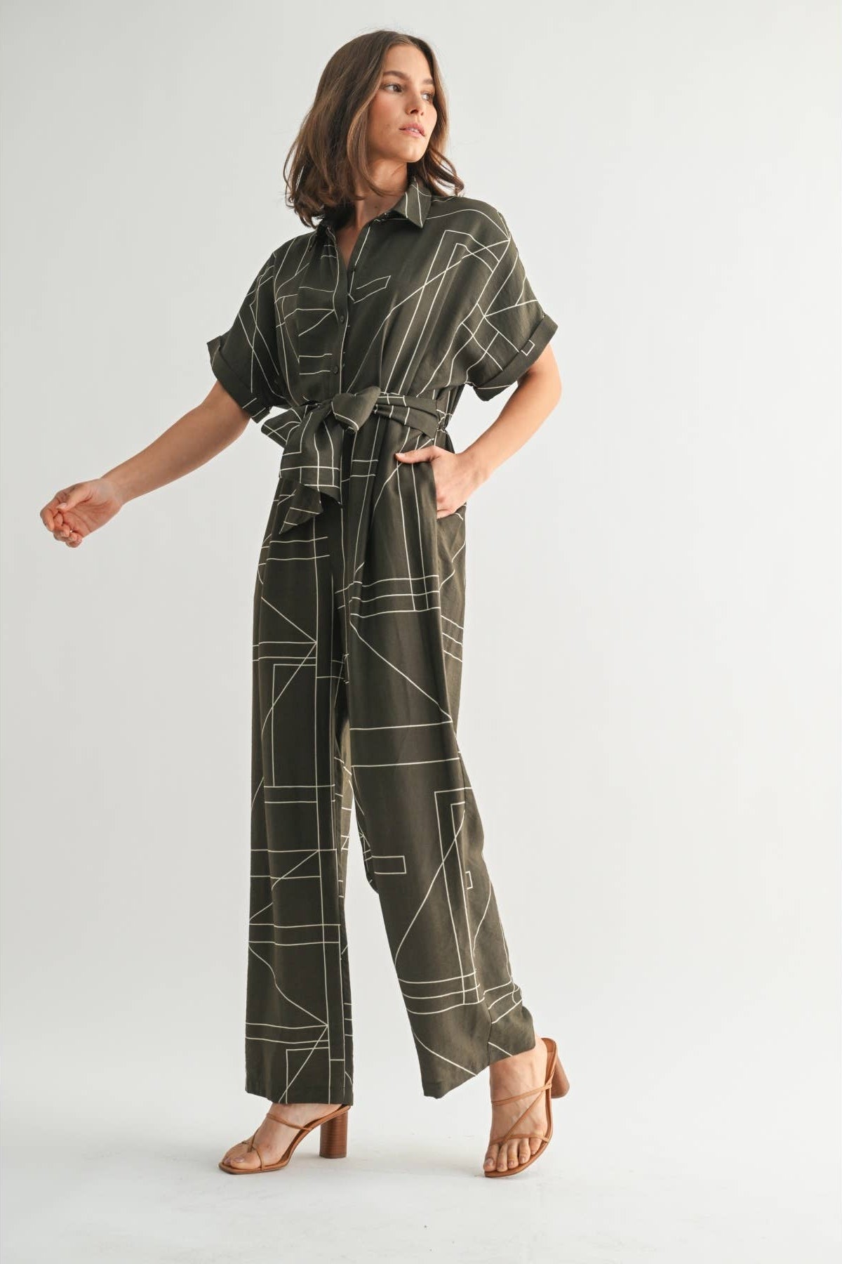 Women's geometric print olive jumpsuit with attached tie sash