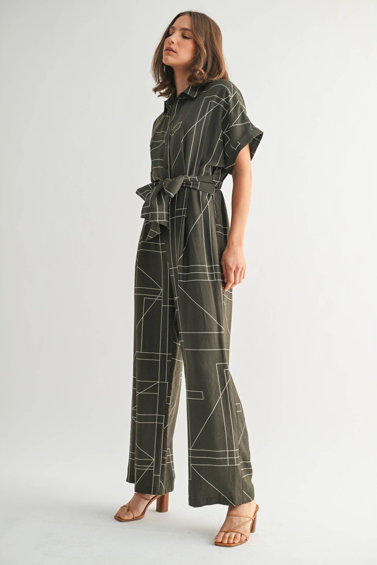 Women's geometric print olive jumpsuit with attached tie sash